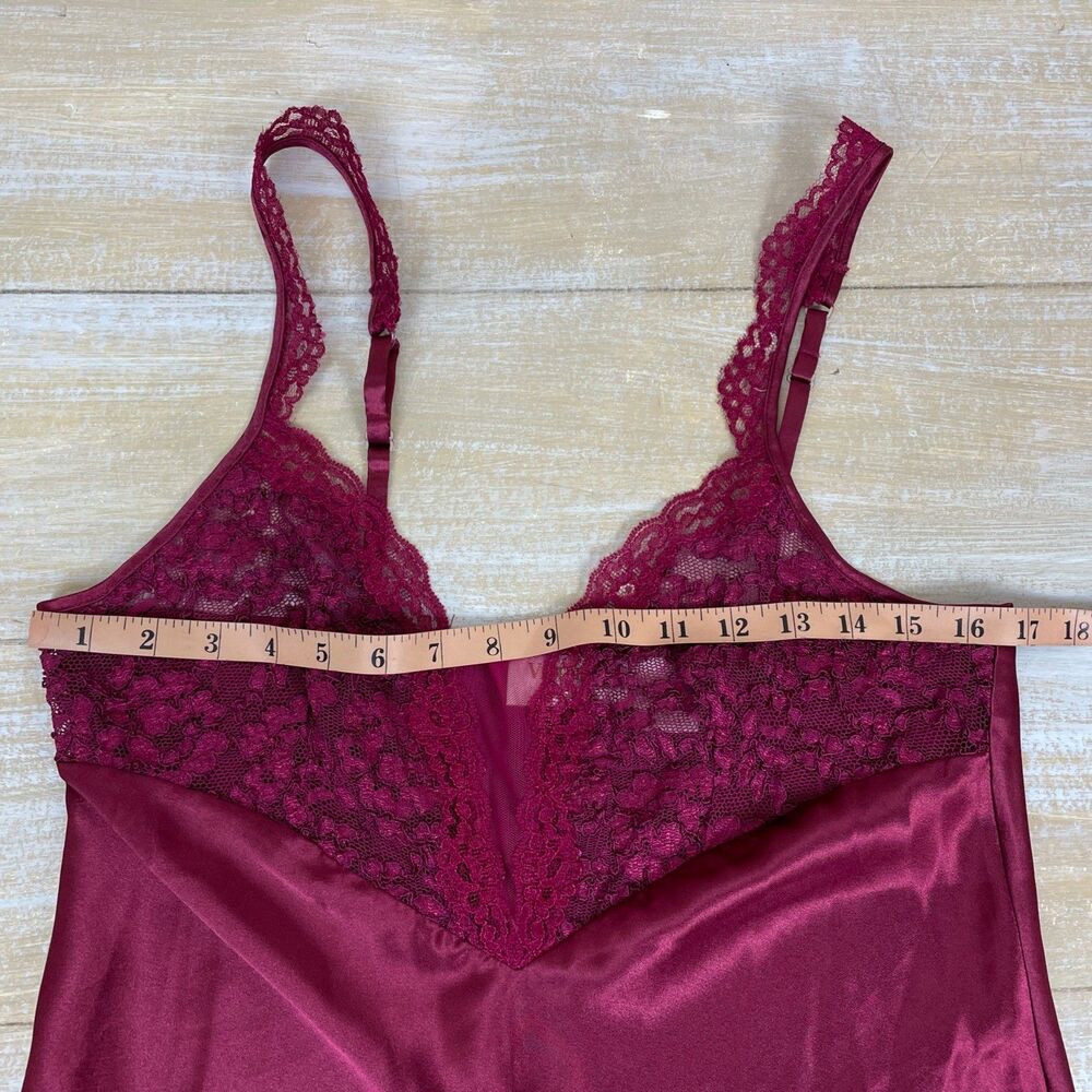Y2K Victoria’s Secret Gold Label M Long Sexy Nightgown Cranberry Satin Lace Slit - Picture 8 of 11